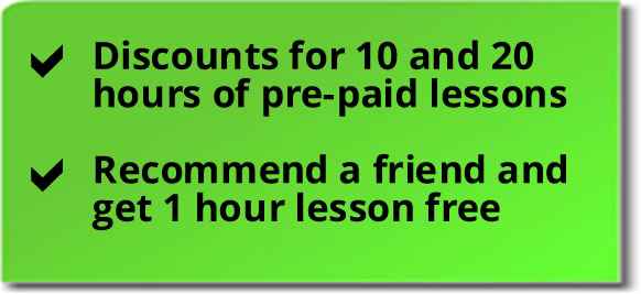 Driving lessons discounts for 10 and 20 hours of pre-paid lessons; recommend a friend and get 1 lesson free